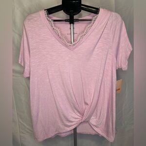 EVRI Light Pink Lace Trim V-Neck Tee